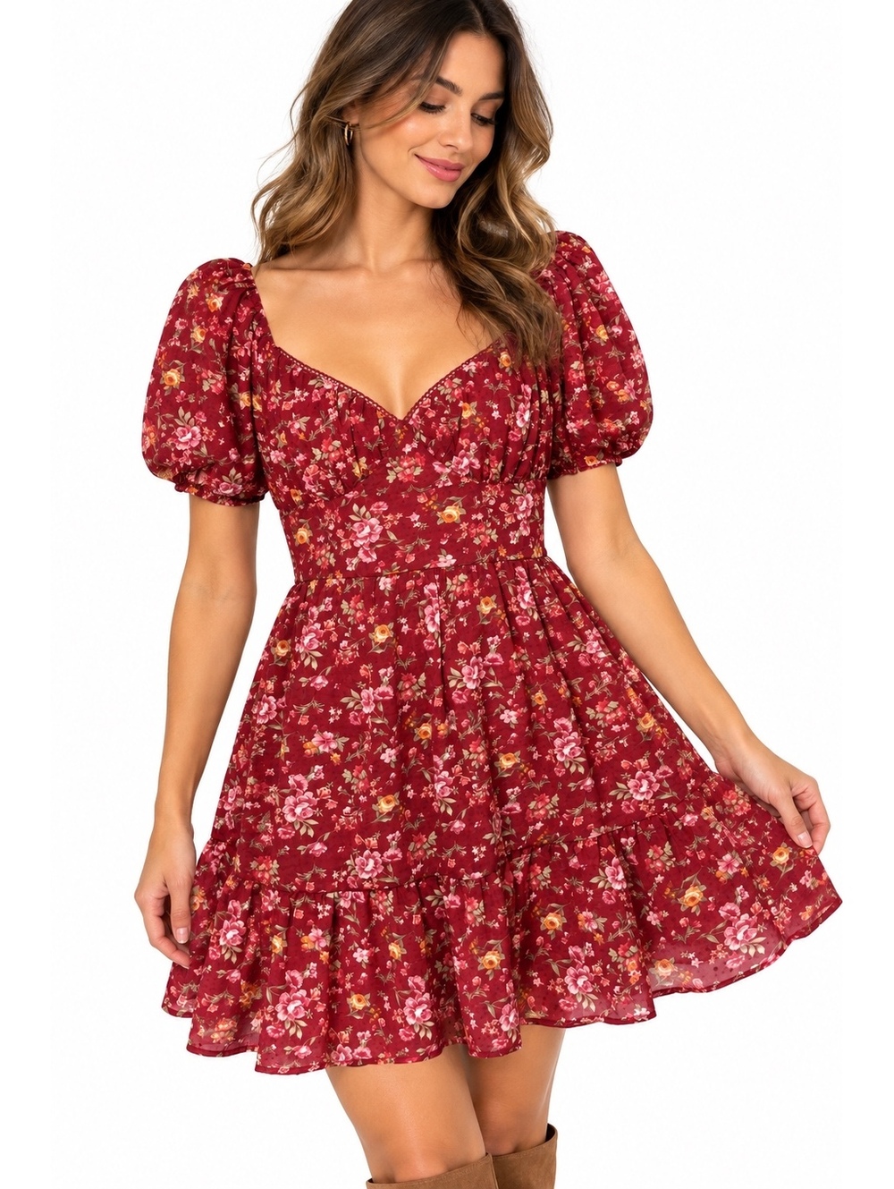 Trixxi Red Floral Puff Sleeve Mini Dress Size L Cottagecore Romantic Fall Dress
